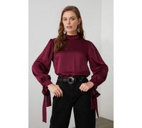 WOVCOR Women's High Neck Blouse with Ribbon Tie Cuffs in Plum | Size: 6 WOVCOR Plum 6