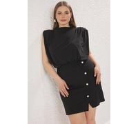 WOVCOR Women's High Neck Draped Top Detail Buttoned Mini Dress in Black | Size: 16 WOVCOR Black 16