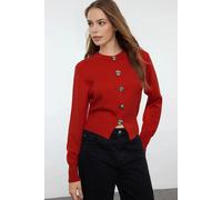 WOVCOR Women's Knit Cardigan With Rose Button Detail in Dark Red | Size: Small WOVCOR Dark Red S