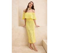 WOVCOR Women's Knitted Bardot Maxi Beach Dress with Crochet Detail in Yellow | Size: Large WOVCOR Yellow L