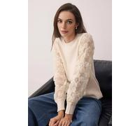 WOVCOR Women's Knitted Crew-Neck Sweater With Sheer Tulle Floral Sleeves in Cream | Size: Medium WOVCOR Cream M