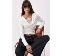 WOVCOR Women's Lace Detail Draped Long Sleeve Stretch Knit Top in Ecru | Size: Medium WOVCOR Ecru M
