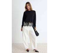 WOVCOR Women's Lace Detail Regular Fit Drop Shoulder Long Sleeve Sweatshirt in Black | Size: Small WOVCOR Black S