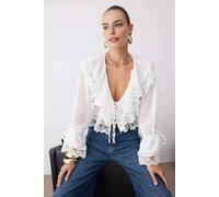 WOVCOR Women's Lace Trim Ruffle Detail Tie Front Woven Blouse in Ecru | Size: 10 WOVCOR Ecru 10