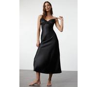 WOVCOR Women's Lace Trim V-Neck Satin Strappy Midi Nightdress in Black | Size: 8 WOVCOR Black 8