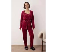 WOVCOR Women's Lace Trim Velvet Cami Belted Robe & Trouser 3-Piece Pyjama Set in Burgundy | Size: Medium WOVCOR Burgundy M