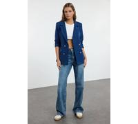 WOVCOR Women's Lined Woven Blazer Jacket with Button Detail in Indigo | Size: 6 WOVCOR Indigo 6