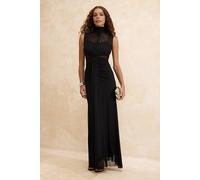 WOVCOR Women's Mesh Panel High Neck Draped Maxi Evening Dress in Black | Size: 6 WOVCOR Black 6