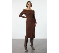 WOVCOR Women's Midi Knit Carmen Collar Midi Dress in Brown | Size: Small WOVCOR Brown S