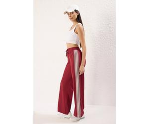 WOVCOR Women's Multi Side Stripe Drawstring Wide Leg Scuba Joggers in Burgundy | Size: Large WOVCOR Burgundy L