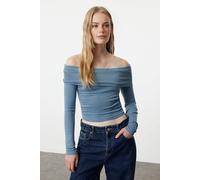 WOVCOR Women's Off-Shoulder Carmen Collar Crop Knit Top in Mid Blue | Size: Small WOVCOR Mid Blue S