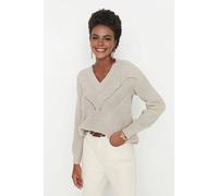 WOVCOR Women's Openwork V Neck Long Sleeve Knit Jumper in Beige | Size: Medium WOVCOR Beige M