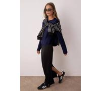 WOVCOR Women's Oversized Crew Neck Long Sleeve Knit Sweater with Button Detail in Navy | Size: Large WOVCOR Navy L