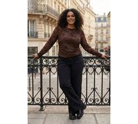 WOVCOR Women's Paisley Print Mesh Long Sleeve Fitted Top in Brown | Size: XL WOVCOR Brown XL