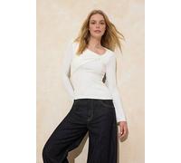 WOVCOR Women's Pearl Detail Twist Asymmetric Long Sleeve Top in Ecru | Size: XL WOVCOR Ecru XL