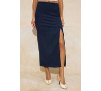 WOVCOR Women's Pinstripe Split Hem High Waist Midi Skirt in Navy | Size: 12 WOVCOR Navy 12