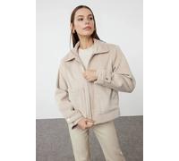WOVCOR Women's Plain Zip Through Collared Wool Look Casual Jacket in Taupe | Size: Large WOVCOR Taupe L