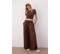 WOVCOR Women's Pleated Drawstring Wide Leg Scuba Joggers in Brown | Size: Small WOVCOR Brown S
