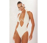 WOVCOR Women's Plunge Halterneck Cut Out Detail Swimsuit in White | Size: 12 WOVCOR White 12
