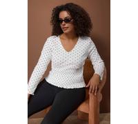 WOVCOR Women's Polka Dot Shirred Waist V Neck Long Sleeve Knitted Top in White | Size: 2XL WOVCOR White 2XL