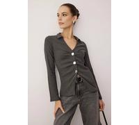 WOVCOR Women's Polo Collar Gathered Button Front Fitted Stretch Knit Blouse in Dark Grey | Size: Medium WOVCOR Dark Grey M