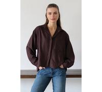 WOVCOR Women's Relaxed Fit Striped Woven Shirt with Open Collar in Dark Brown | Size: Medium WOVCOR Dark Brown M