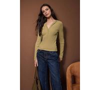 WOVCOR Women's Ribbed Button Front Hooded Stretch Knit Blouse in Khaki | Size: Large WOVCOR Khaki L