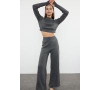 WOVCOR Women's Ribbed Knit Top & Wide Leg Pants Two Piece Set in Dark Grey | Size: Small WOVCOR Dark Grey S