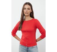 WOVCOR Women's Ribbed Long Sleeve Button Front Knit Jumper with Asymmetric Hem in Red | Size: Medium WOVCOR Red M