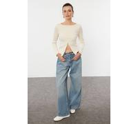 WOVCOR Women's Ribbed Long Sleeve Button Front Knit Jumper with Asymmetric Hem in Stone | Size: XS WOVCOR Stone XS