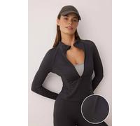 Wovcor Women's Ribbed Sleeve Zip Up Sports Jacket With Stand Collar In Dark Grey Dark Grey