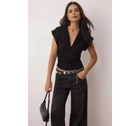 WOVCOR Women's Ruched V-Neck Fitted Knitted Top in Black | Size: Large WOVCOR Black L