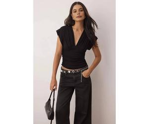 WOVCOR Women's Ruched V-Neck Fitted Knitted Top in Black | Size: XS WOVCOR Black XS