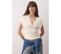 WOVCOR Women's Ruched V-Neck Fitted Knitted Top in Ecru | Size: Medium WOVCOR Ecru M