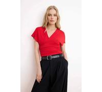 WOVCOR Women's Ruched V-Neck Fitted Knitted Top in Red | Size: Medium WOVCOR Red M