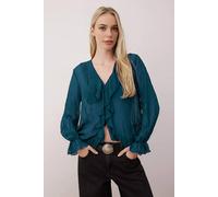WOVCOR Women's Ruffle Front V-Neck Sheer Chiffon Long Sleeve Blouse in Teal | Size: 10 WOVCOR Teal 10