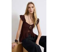 WOVCOR Women's Ruffle Sleeve Tie Front Peplum Blouse Top in Brown | Size: Large WOVCOR Brown L