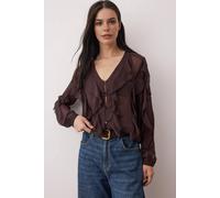 WOVCOR Women's Ruffled Boho Style Button-Up Shirt in Brown | Size: 10 WOVCOR Brown 10