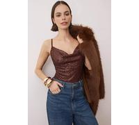 WOVCOR Women's Sequin Cowl Neck Strappy Bodysuit in Brown | Size: 12 WOVCOR Brown 12