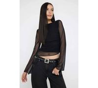 WOVCOR Women's Shawl Print Boat Neck Asymmetric Detail Fitted Long Sleeve Mesh Blouse in Black | Size: Medium WOVCOR Black M