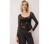 WOVCOR Women's Sheer Mesh Ruched Lace Detail Blouse in Black | Size: 6 WOVCOR Black 6