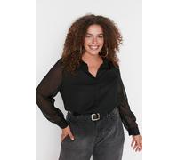 WOVCOR Women's Sheer Sleeve Button Up Woven Shirt in Black | Size: 16 WOVCOR Black 16