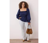 WOVCOR Women's Shirred Puff Sleeve Square Neck Peplum Top in Navy | Size: 18 WOVCOR Navy 18
