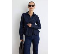 WOVCOR Women's Shirt Collar Long Sleeve Peplum Fitted Shirt in Dark Navy | Size: Large WOVCOR Dark Navy L