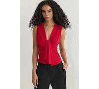 WOVCOR Women's Sleeveless Drape Detail V Neck Knitted Blouse in Red | Size: 6 WOVCOR Red 6