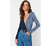 WOVCOR Women's Snake Print Contrast Wrap Bodysuit in Navy | Size: Small WOVCOR Navy S