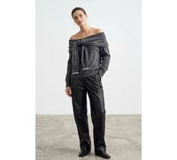 WOVCOR Women's Soft Textured Madonna Neck Tie-Up Knit Sweater in Dark Grey | Size: Large WOVCOR Dark Grey L