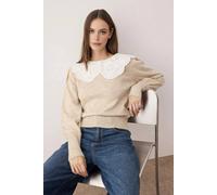 WOVCOR Women's Soft Textured Shirt Collar Garnished Knit Sweater in Stone | Size: Small WOVCOR Stone S