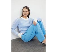 WOVCOR Women's Soft Textured Striped Knit Sweater With Button Detail in Blue | Size: Medium WOVCOR Blue M