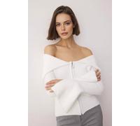 WOVCOR Women's Soft Textured Turn-Down Collar Zip-Front Knit Sleeves Cardigan in White | Size: Medium WOVCOR White M